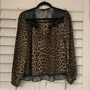 ZARA Leopard and Black Lace Long Sleeve Blouse M